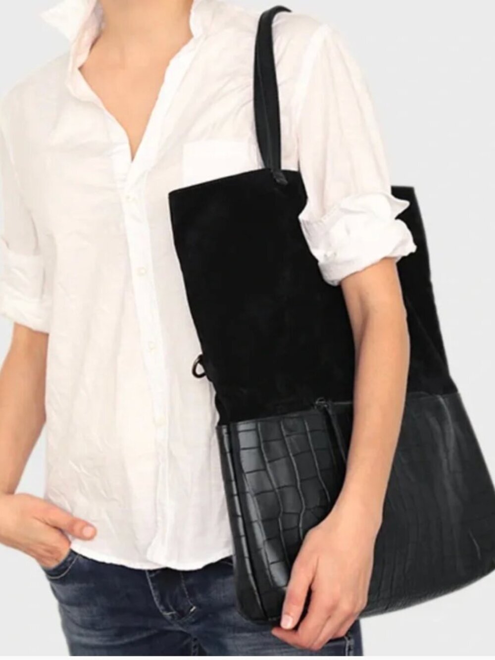 49 Square Miles Fold Over Leather Suede Crossbody Tote Purse Bag Black New - Picture 7 of 12